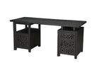 68" Black Solid Wood and Metal Carved Floral Desk With Three Drawers