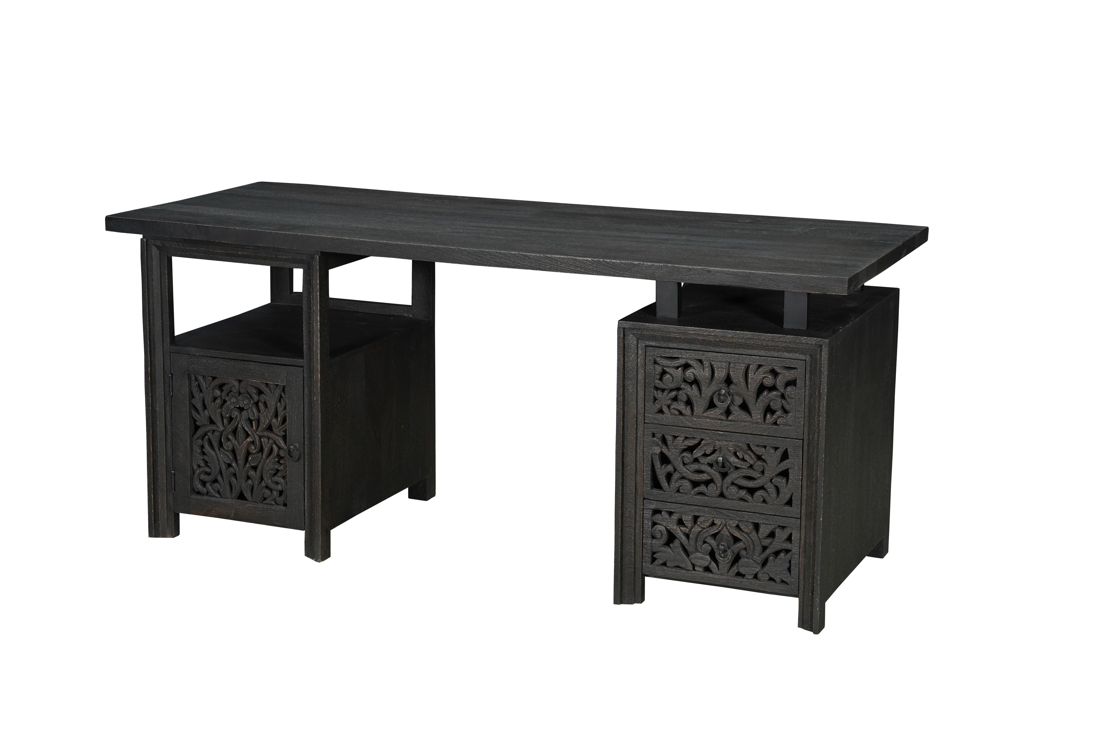 68" Black Solid Wood and Metal Carved Floral Desk With Three Drawers