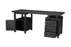 68" Black Solid Wood and Metal Carved Floral Desk With Three Drawers
