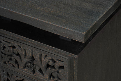 68" Black Solid Wood and Metal Carved Floral Desk With Three Drawers
