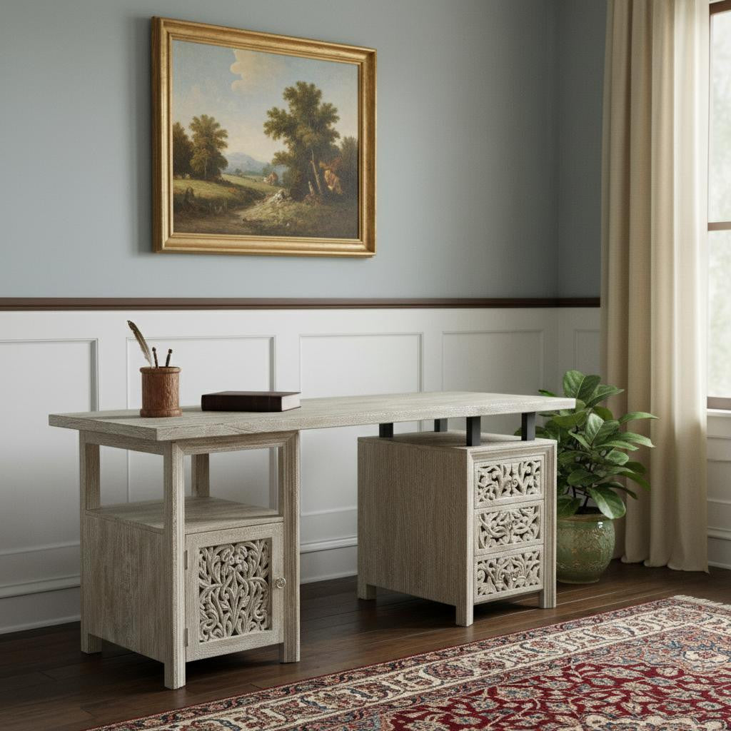 68" White Solid Wood and Metal Carved Floral Desk With Three Drawers