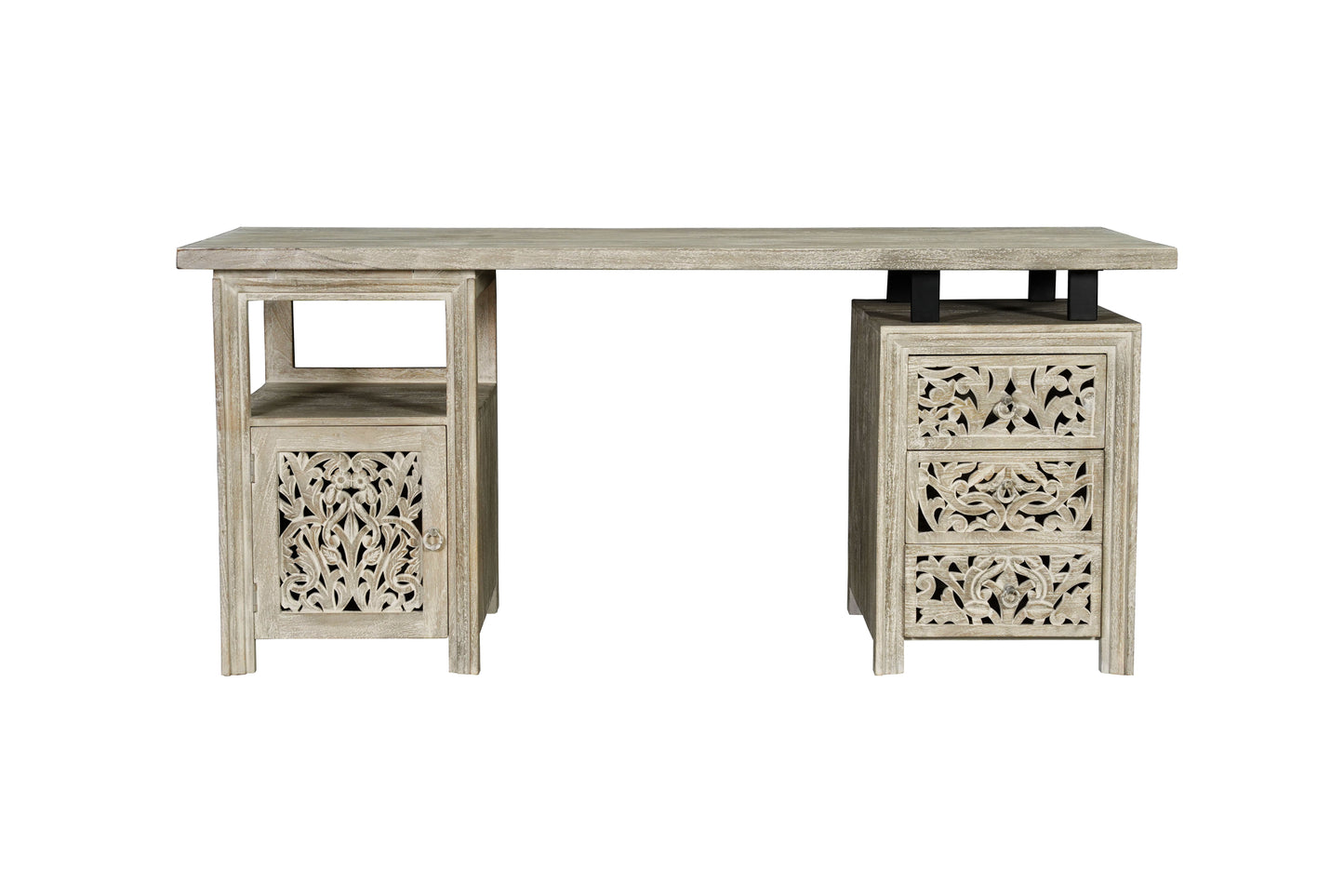 68" White Solid Wood and Metal Carved Floral Desk With Three Drawers