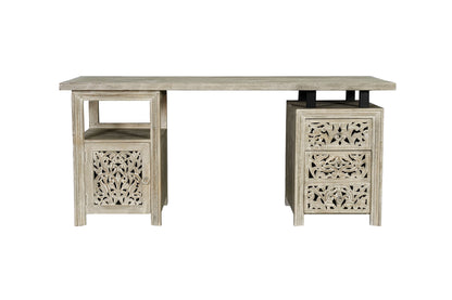 68" White Solid Wood and Metal Carved Floral Desk With Three Drawers