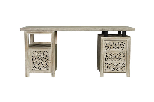 68" White Solid Wood and Metal Carved Floral Desk With Three Drawers