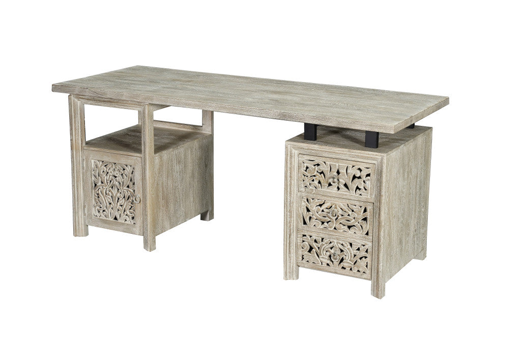 68" White Solid Wood and Metal Carved Floral Desk With Three Drawers