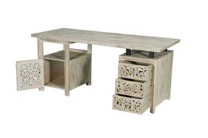 68" White Solid Wood and Metal Carved Floral Desk With Three Drawers