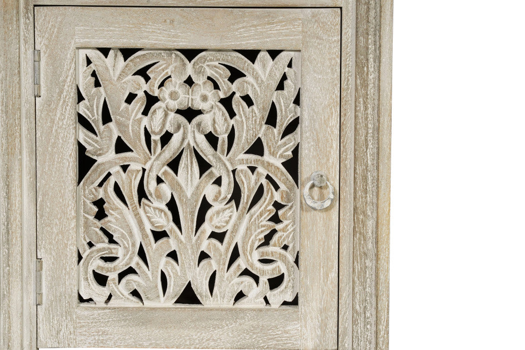 68" White Solid Wood and Metal Carved Floral Desk With Three Drawers