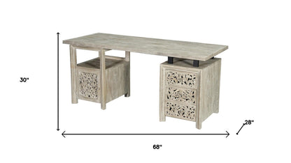 68" White Solid Wood and Metal Carved Floral Desk With Three Drawers