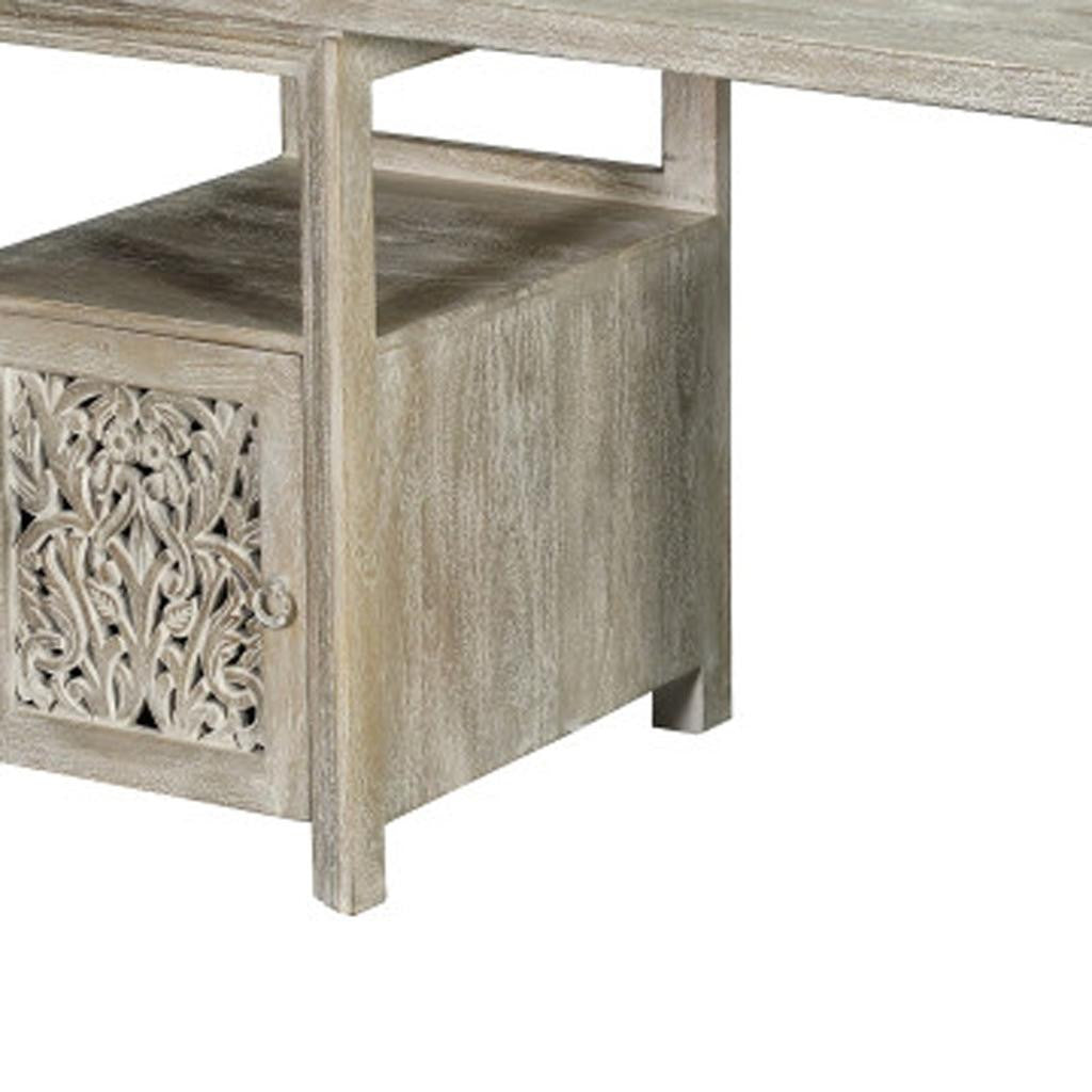 68" White Solid Wood and Metal Carved Floral Desk With Three Drawers
