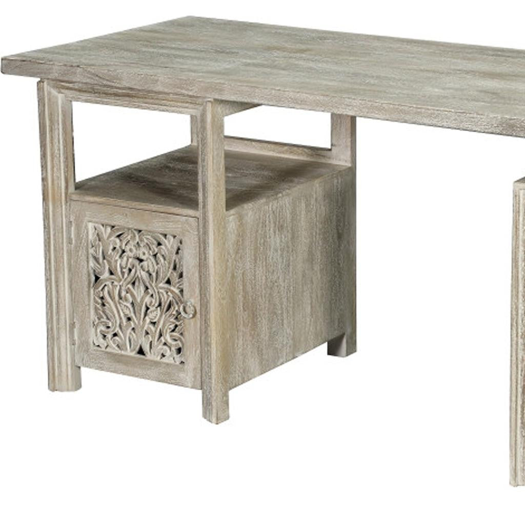 68" White Solid Wood and Metal Carved Floral Desk With Three Drawers