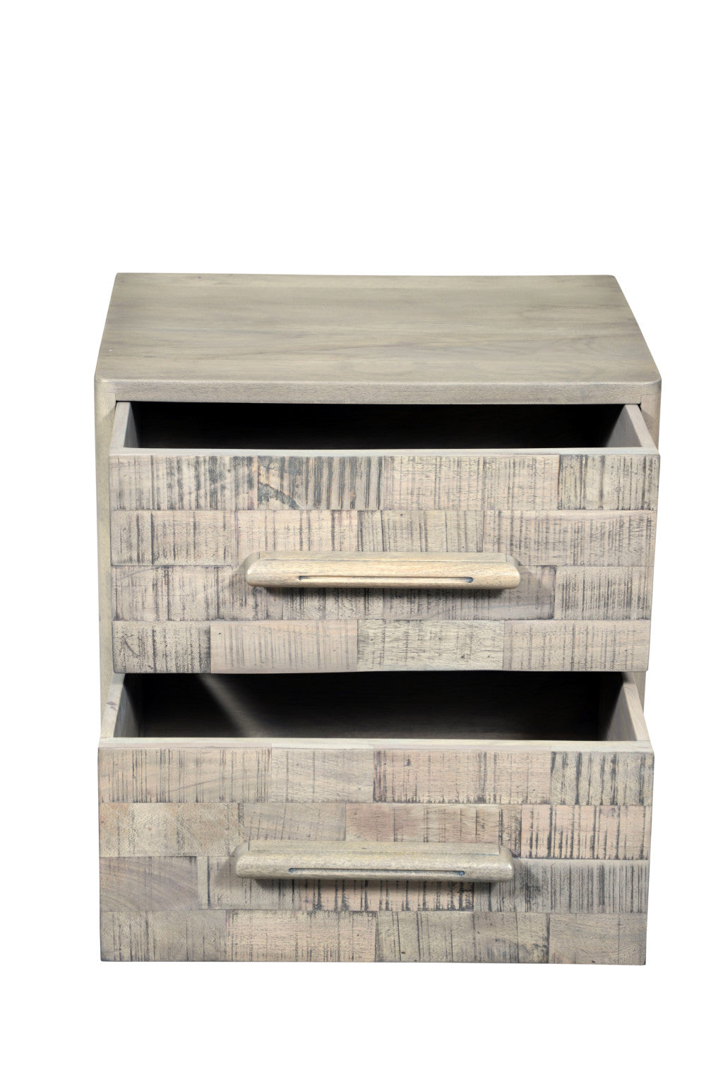 26" Gray Solid Wood Carved Geometric Two Drawer Nightstand