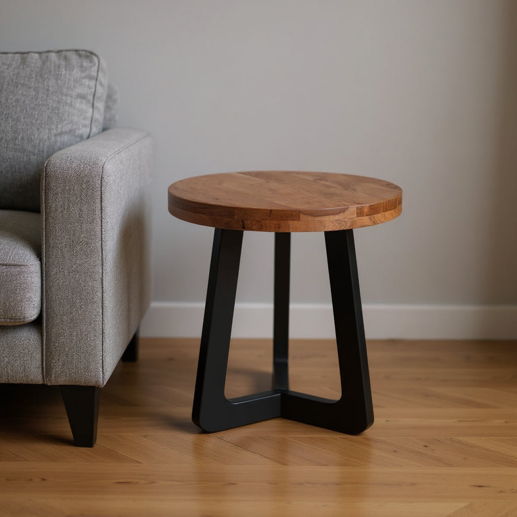 24" Brown and Black Solid Wood And Iron Round Cross Legs End Table