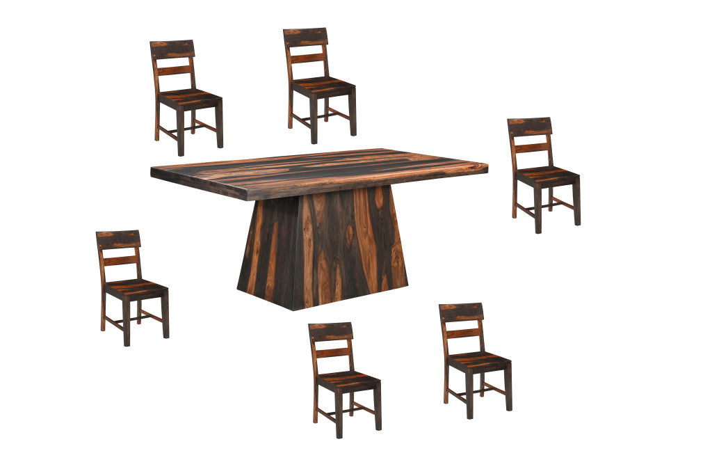Seven Piece Brown Solid Wood Dining Set with Six Chairs