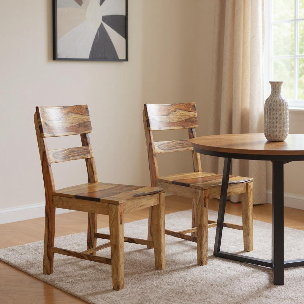 Set of Two Brown Solid Wood Ladder Back Dining Side Chairs