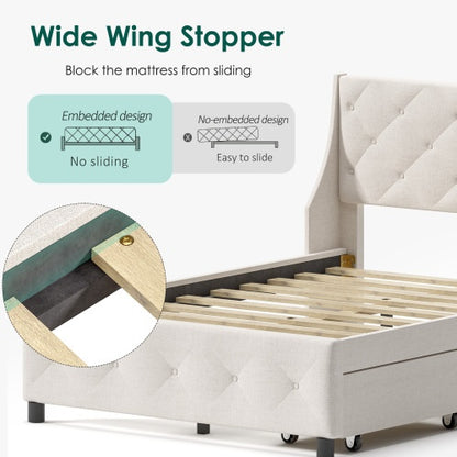 Queen Size Bed Frame With Storage Headboard, Metal Platform Bed No Noise, Mattress Foundation Strong Metal Slats Support No Box Spring Needed