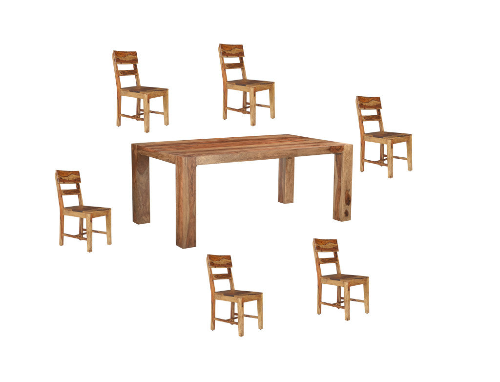 Seven Piece Brown Solid Wood Dining Set with Six Chairs and One Bench