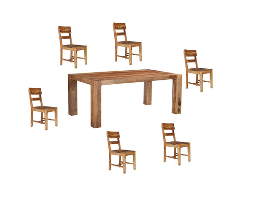 Seven Piece Brown Solid Wood Dining Set with Six Chairs and One Bench