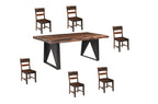 Seven Piece Brown and Black Solid Wood Dining Set with Six Chairs and One Bench