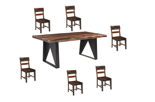 Seven Piece Brown and Black Solid Wood Dining Set with Six Chairs and One Bench