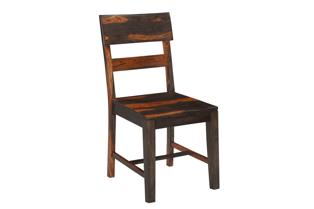 Seven Piece Brown and Black Solid Wood Dining Set with Six Chairs and One Bench