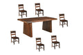 Seven Piece Brown Solid Wood Dining Set with Six Chairs and One Bench