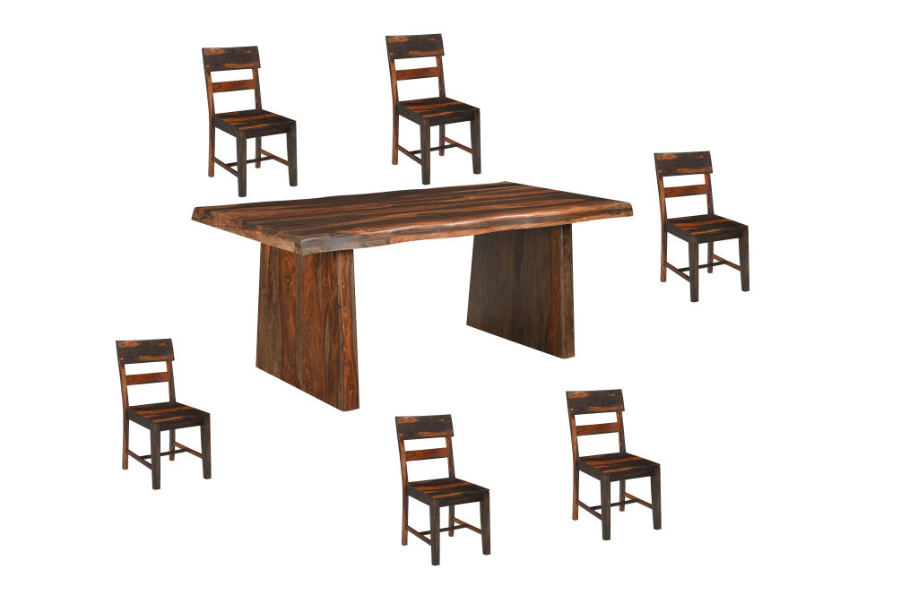 Seven Piece Brown Solid Wood Dining Set with Six Chairs and One Bench