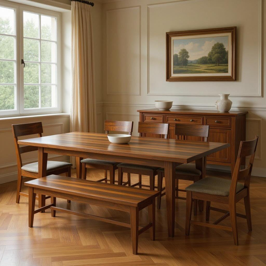 Nine Piece Brown Solid Wood Dining Set with Eight Chairs and One Bench