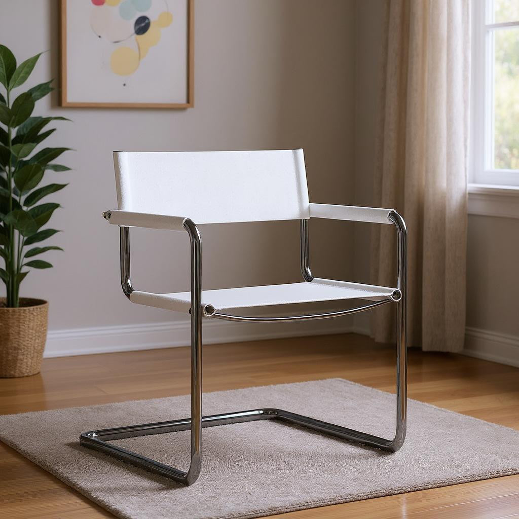 23" Silver And White Leather and Stainless Steel Arm Chair