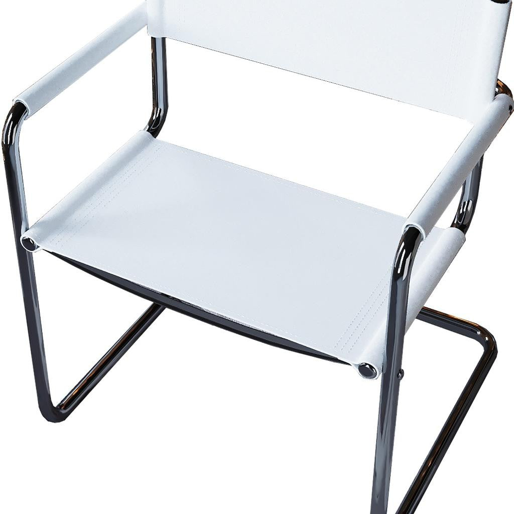 23" Silver And White Leather and Stainless Steel Arm Chair
