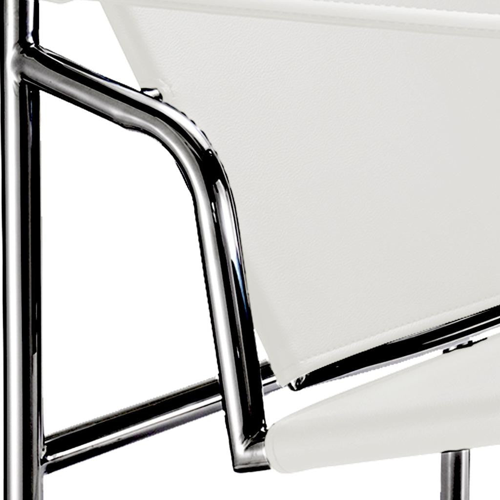 24" White and Silver Faux Leather and Stainless Adjustable Back Arm Chair