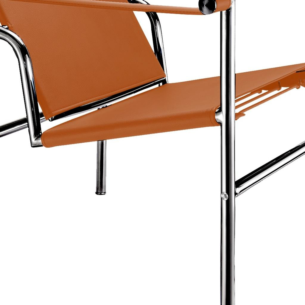 24" Terra Cotta and Silver Faux Leather and Stainless Adjustable Back Arm Chair