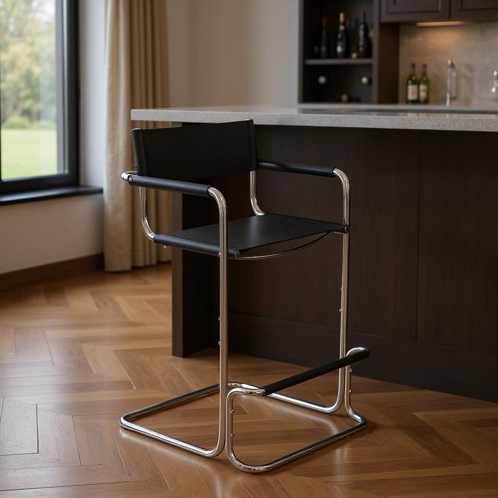 30" Black and Silver Leather and Steel Bar Height Bar Chair