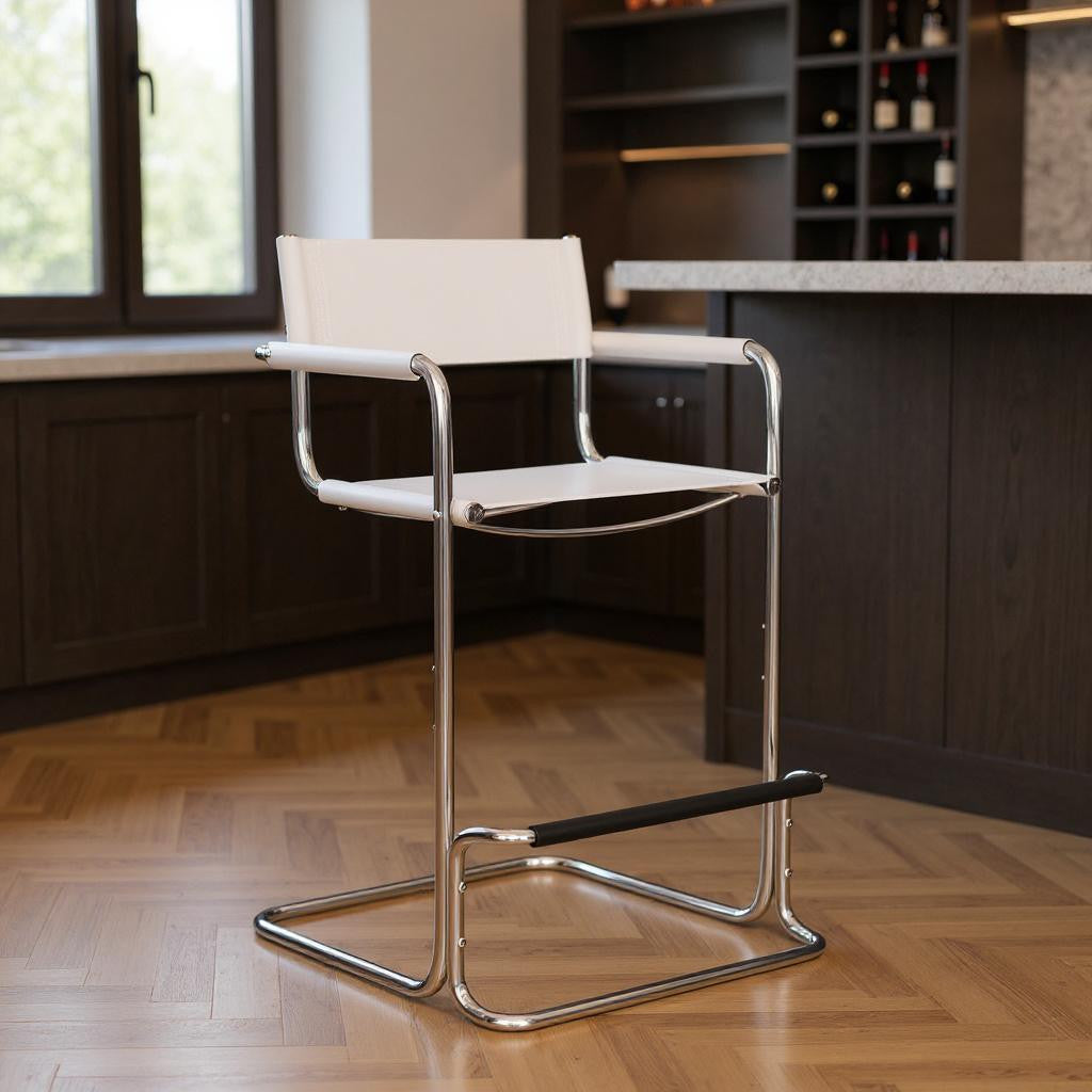 30" White and Silver Leather and Steel Bar Height Bar Chair