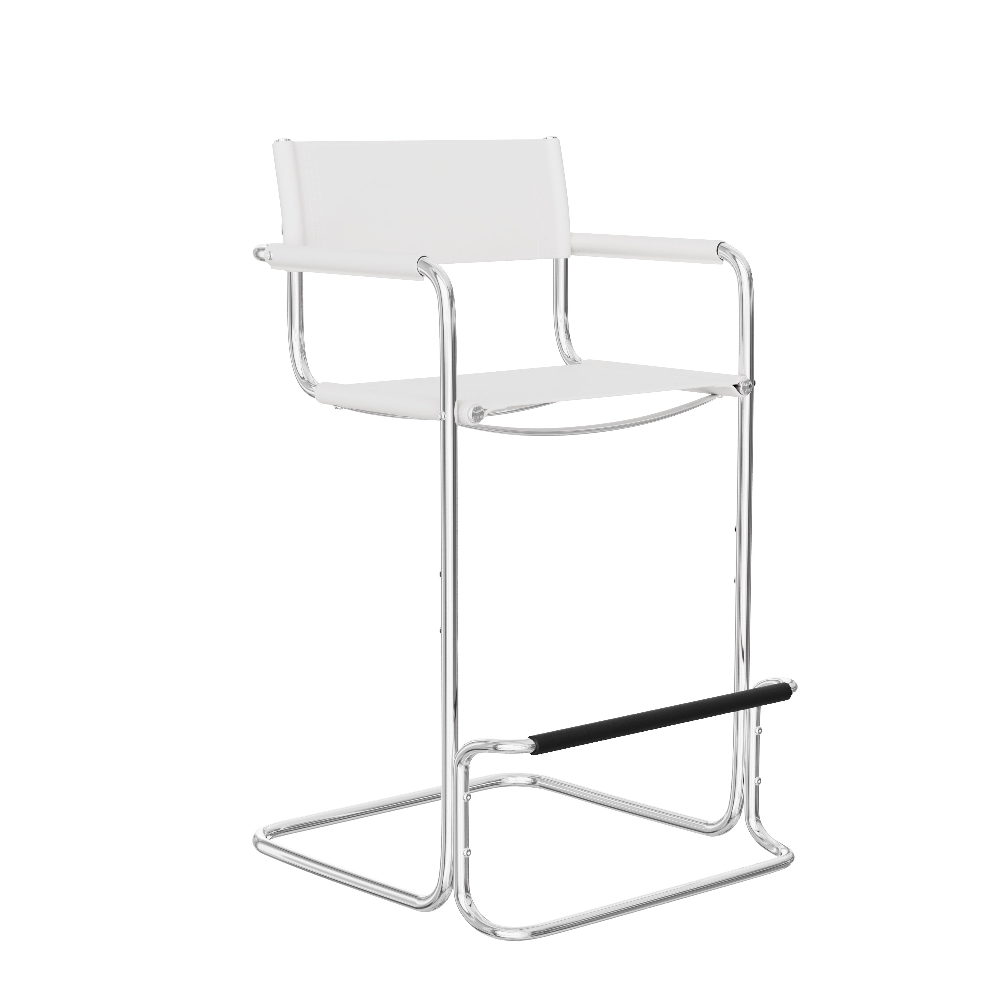 30" White and Silver Leather and Steel Bar Height Bar Chair