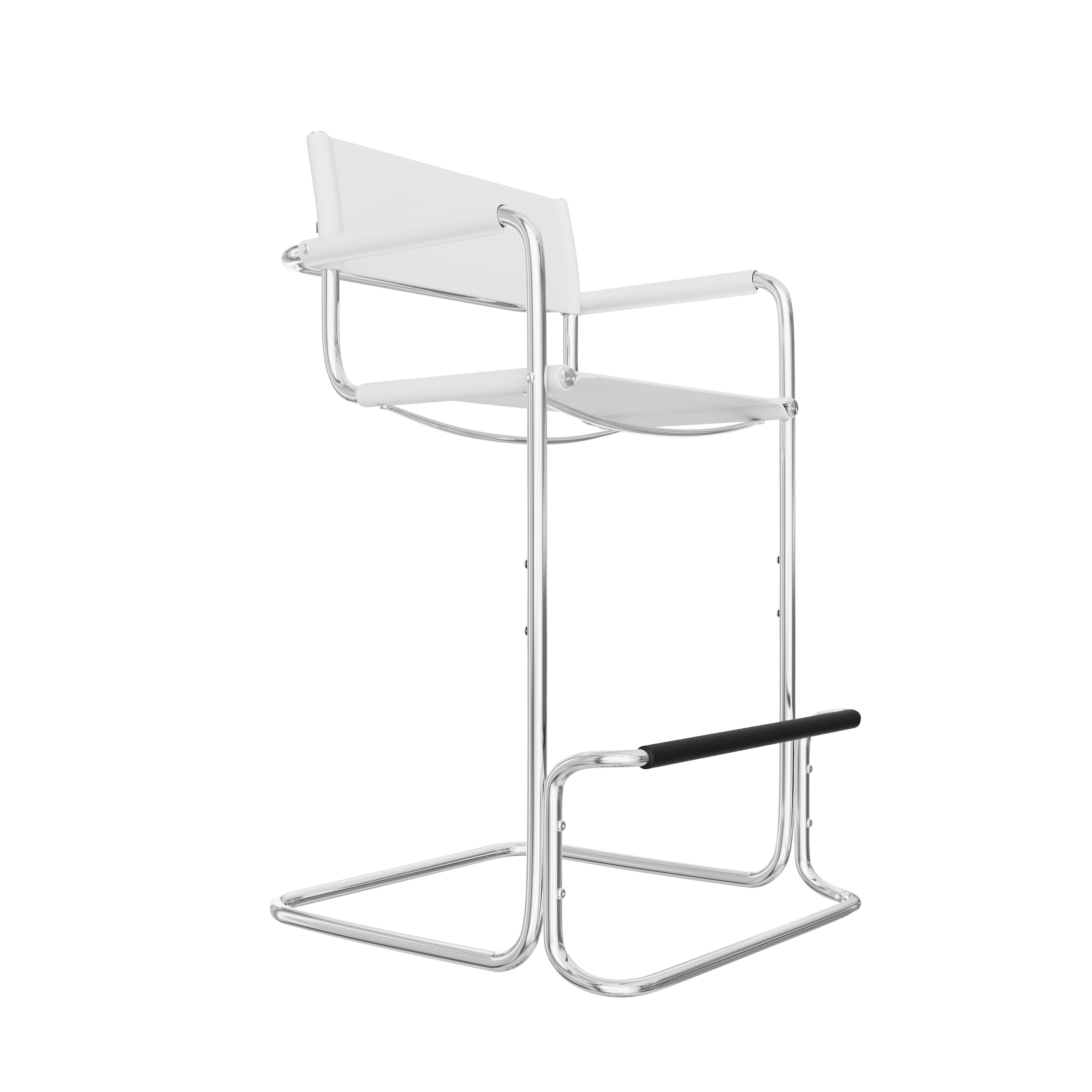 30" White and Silver Leather and Steel Bar Height Bar Chair