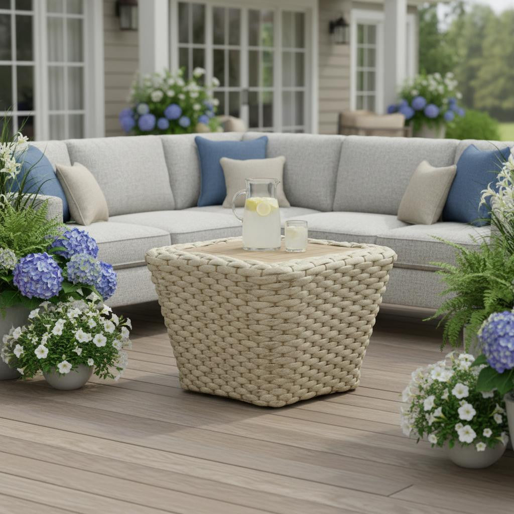 24" Natural And White Square Solid Wood And Wicker Outdoor Coffee Table
