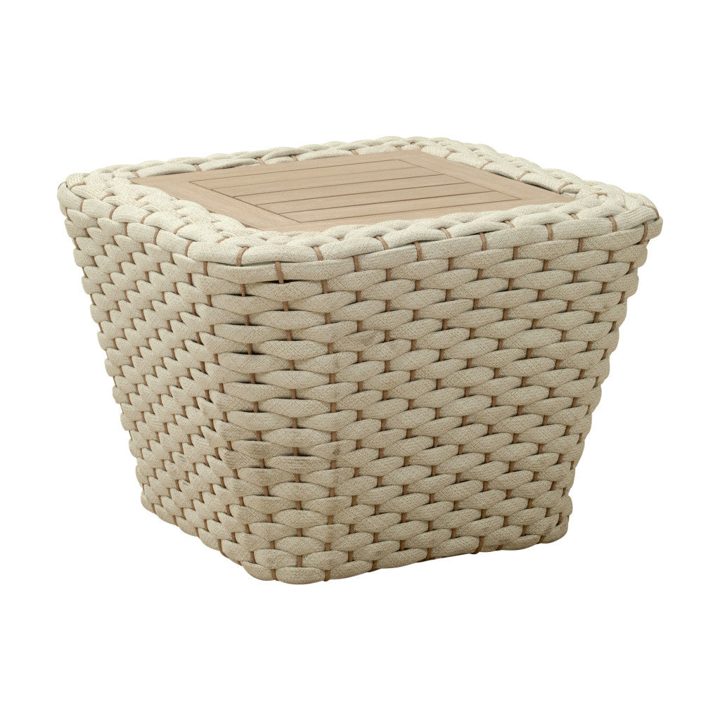24" Natural And White Square Solid Wood And Wicker Outdoor Coffee Table
