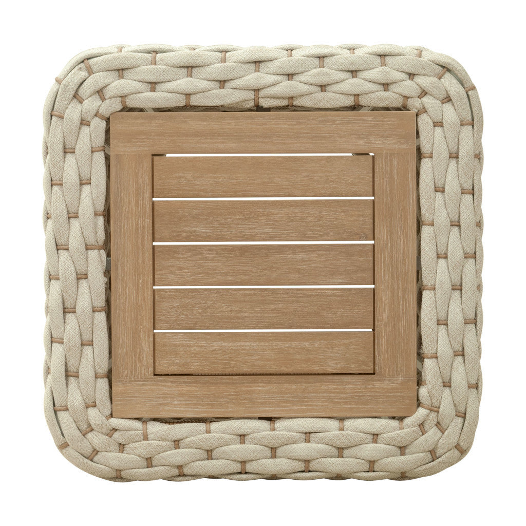 24" Natural And White Square Solid Wood And Wicker Outdoor Coffee Table