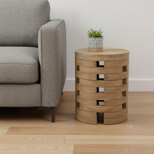 17" Natural Solid Wood Round Drum End Table