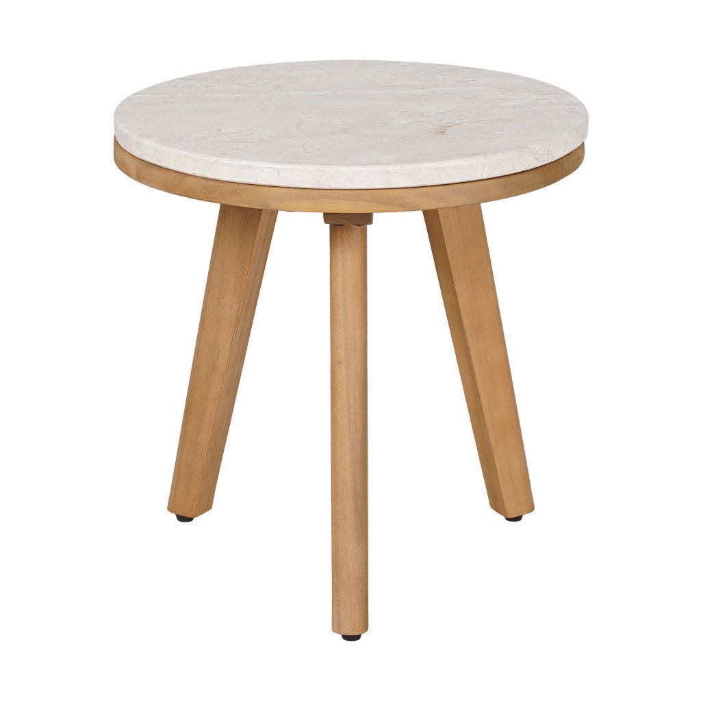 16" White and Natural Faux Marble and Solid Wood Round End Table