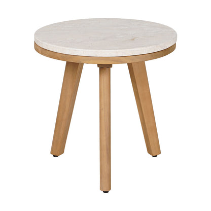 16" White and Natural Faux Marble and Solid Wood Round End Table
