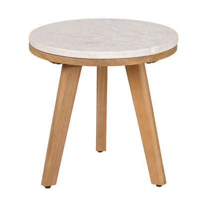 16" White and Natural Faux Marble and Solid Wood Round End Table