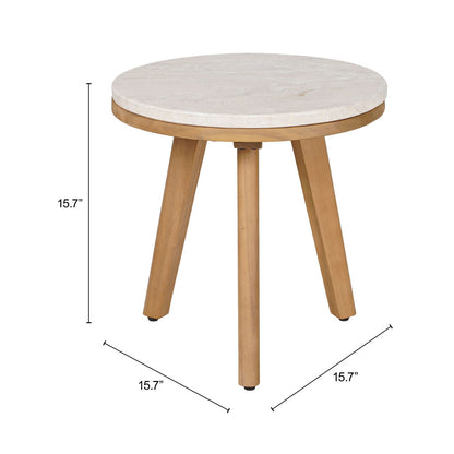 16" White and Natural Faux Marble and Solid Wood Round End Table