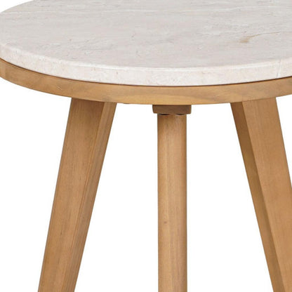 16" White and Natural Faux Marble and Solid Wood Round End Table