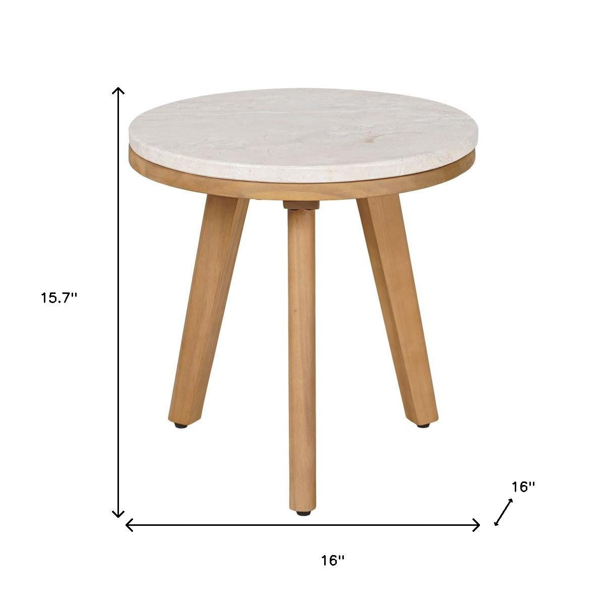 16" White and Natural Faux Marble and Solid Wood Round End Table