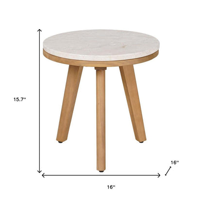 16" White and Natural Faux Marble and Solid Wood Round End Table