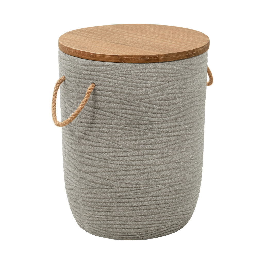 18" Natural and Gray Solid Wood and Faux Concrete Round Drum End Table