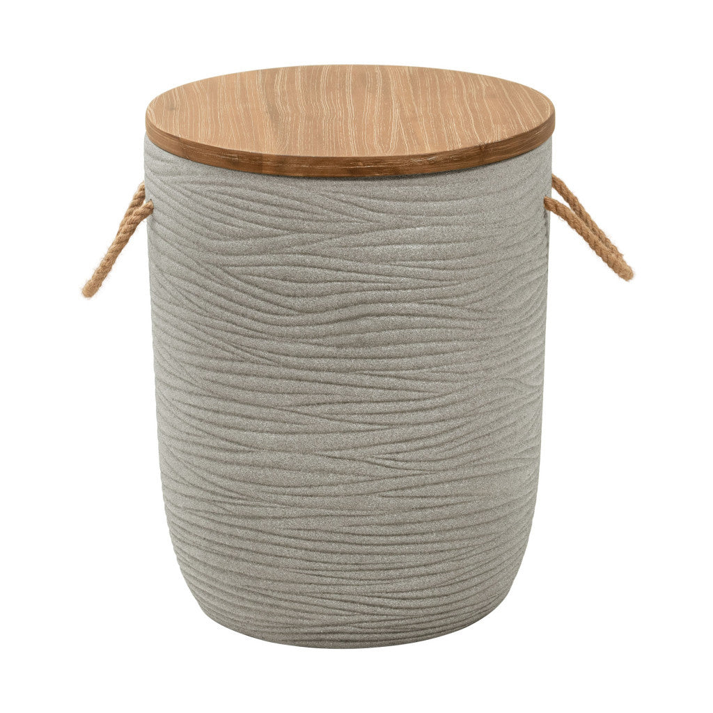18" Natural and Gray Solid Wood and Faux Concrete Round Drum End Table