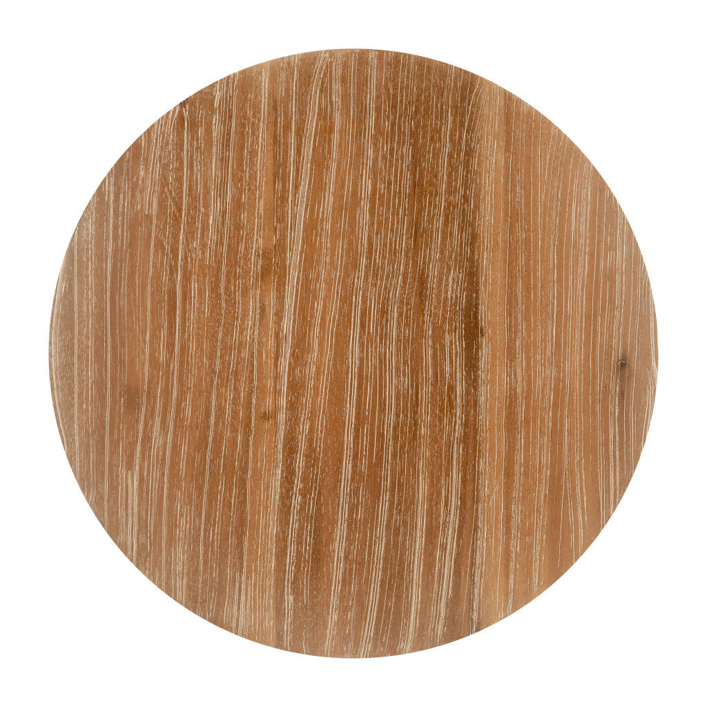 18" Natural and Gray Solid Wood and Faux Concrete Round Drum End Table