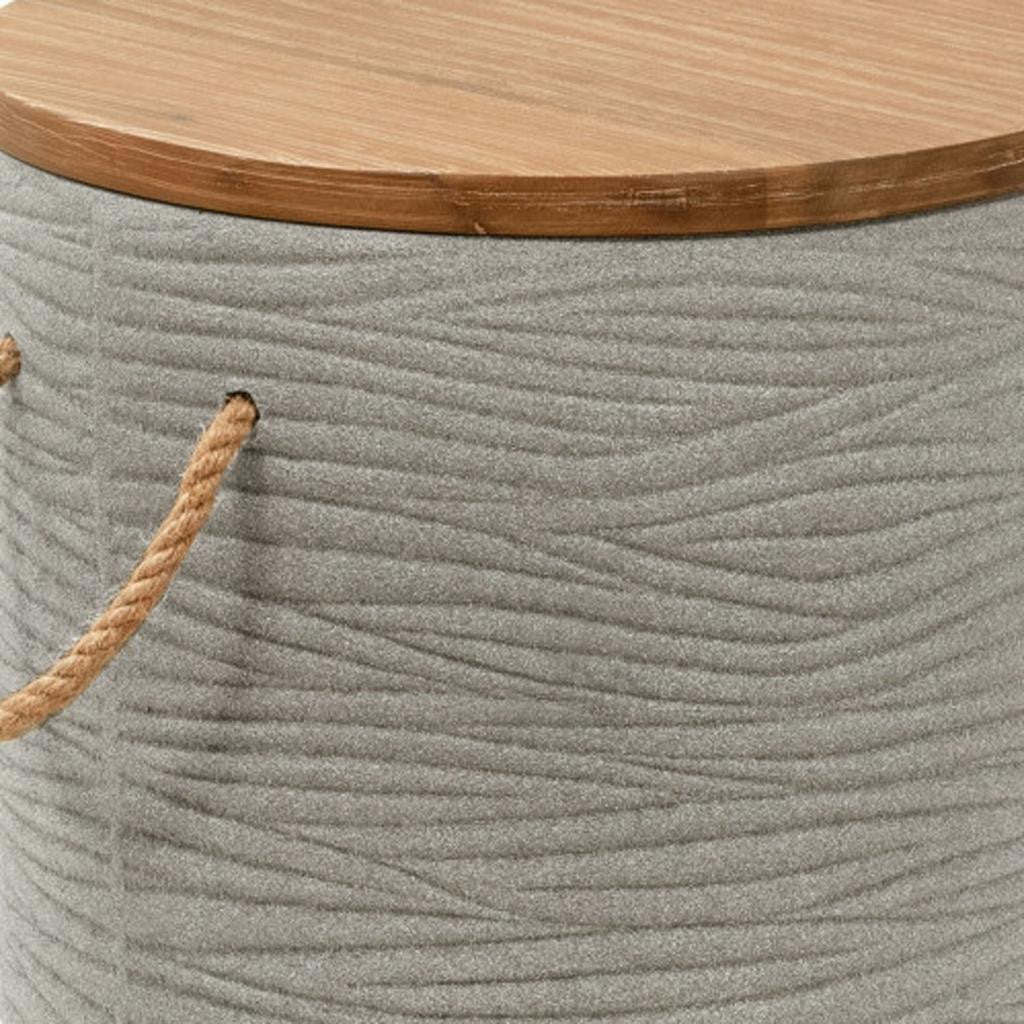 18" Natural and Gray Solid Wood and Faux Concrete Round Drum End Table